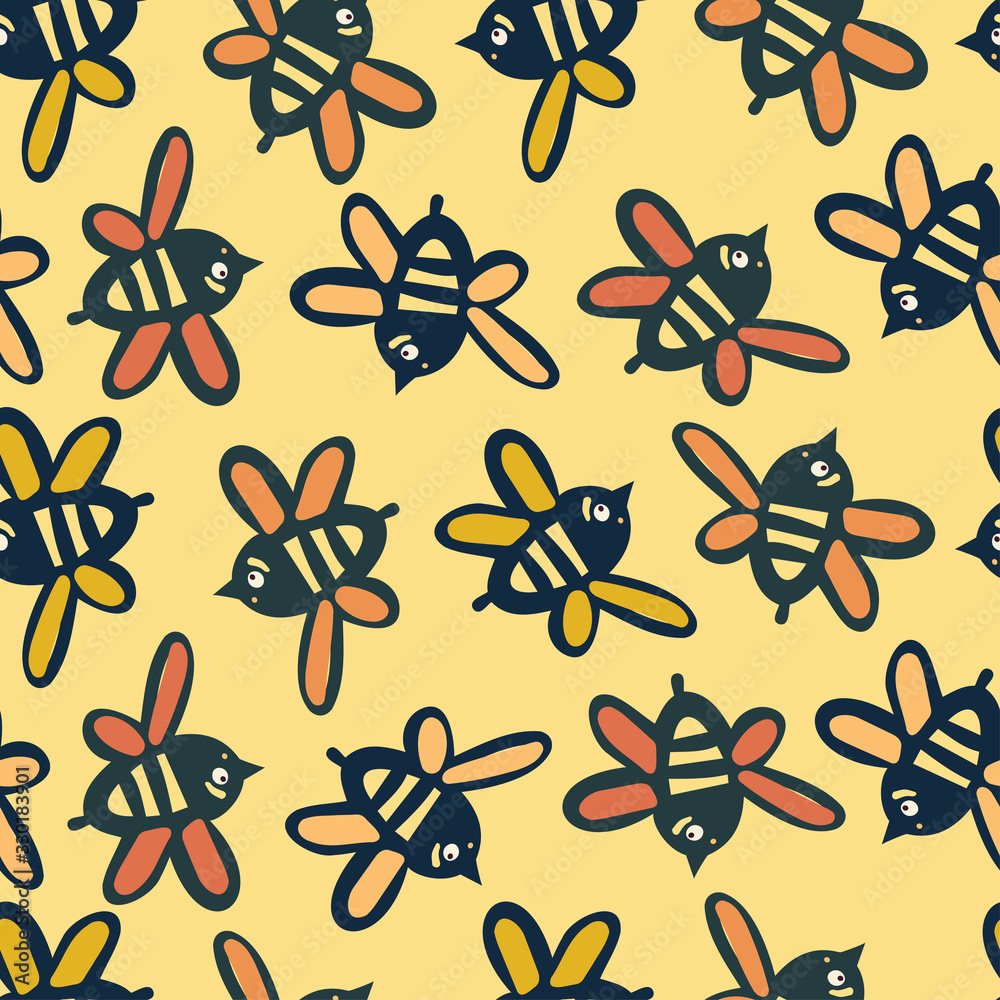 Fototapeta premium Modern seamless stylised design with abstract simple shape colorful butterflies on yellow background drawn by child. Can be used for printing on paper, stickers, badges, bijouterie, cards, textiles. 
