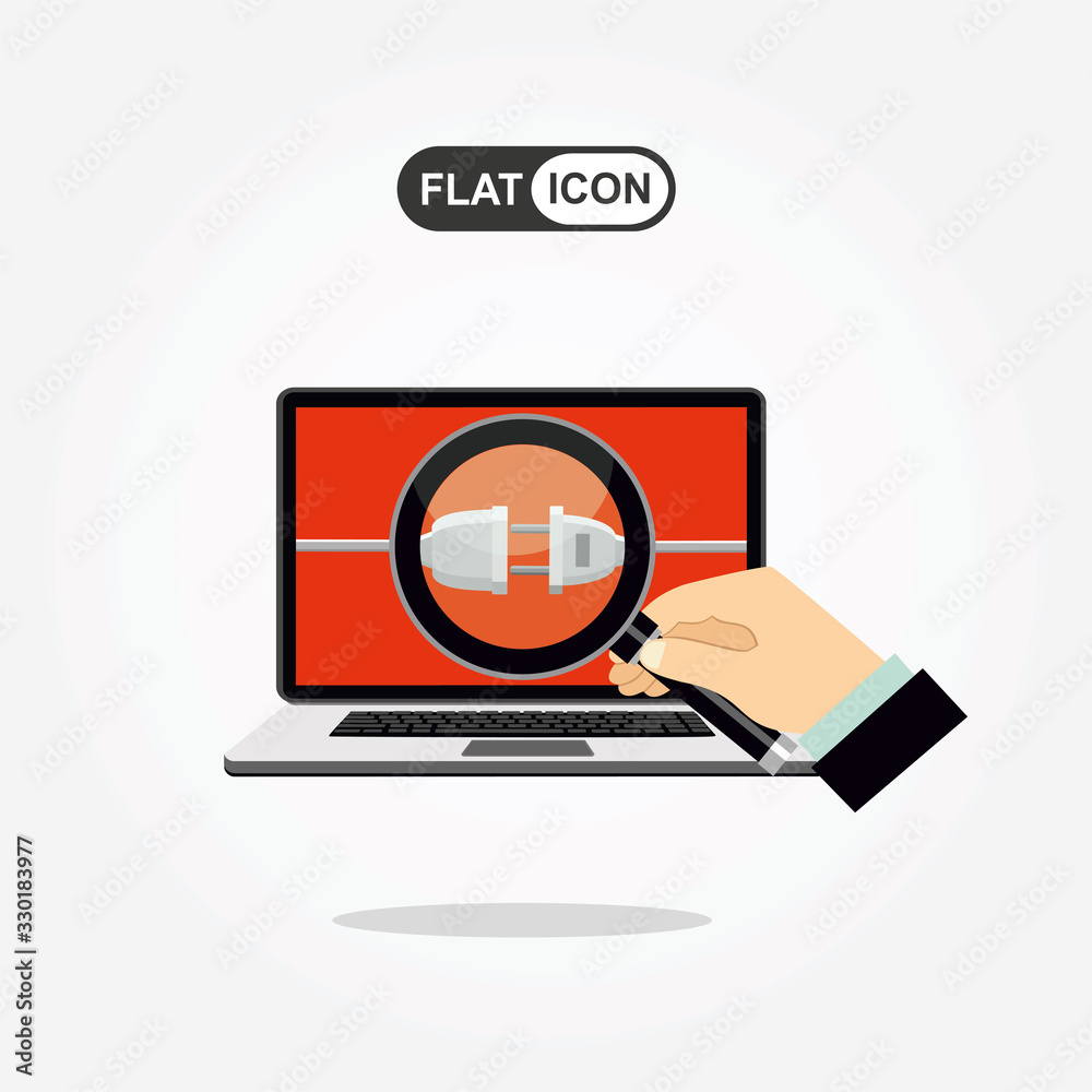 Electrical outlet and plug unplugged. 404 error, page not found, connection error or time out on laptop. Vector illustration in flat design. Electrical outlet and plug unplugged. 404 error, page not found, connection error or time out on laptop. Vector illustration in flat design.