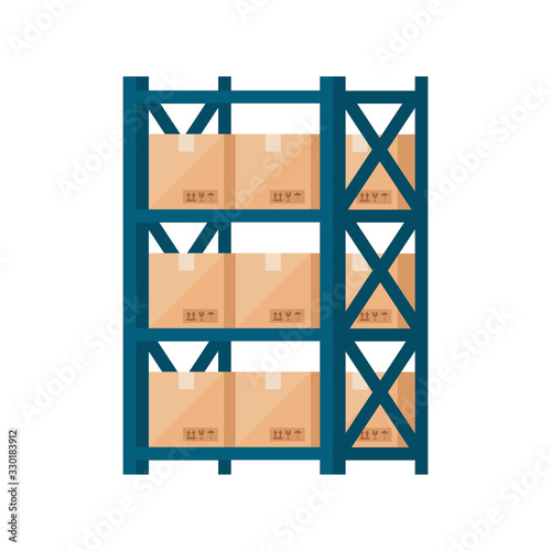 warehouse metal shelving with boxes isolated icon vector illustration design