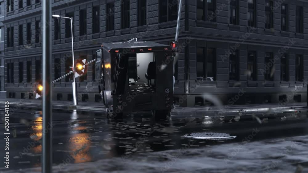 A heavy, black armored truck being robbed in the city during rainy weather. 4KHD A heavy, black armored truck being robbed in the city during rainy weather. 4KHD