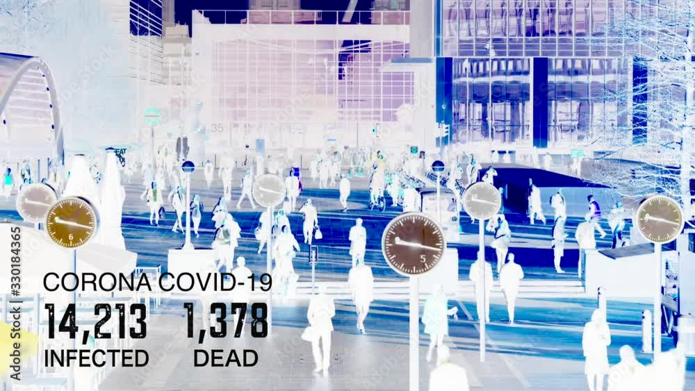 Corona Virus Pandemic concept, Timelapse of People during rush hours with spinning analog clocks and Infected and Dead counters.