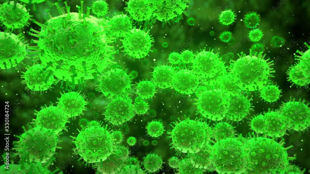 Green virus cells flowing. Viral disease global pandemic outbreak. Hepatitis, influenza, H1N1, Flu, aids, 2019-nCov COVID-19 novel coronavirus. Microorganisms macro close up 3d render loop background