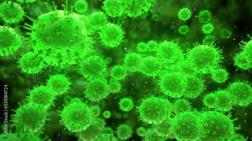 Green virus cells flowing. Viral disease global pandemic outbreak. Hepatitis, influenza, H1N1, Flu, aids, 2019-nCov COVID-19 novel coronavirus. Microorganisms macro close up 3d render loop background photo