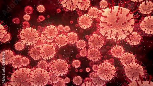 Virus cells flowing. Viral disease global pandemic outbreak. Hepatitis, influenza, H1N1, Flu, aids, 2019-nCov COVID-19 novel coronavirus.
Microscope virus macro close up. 3d render 4k loop background