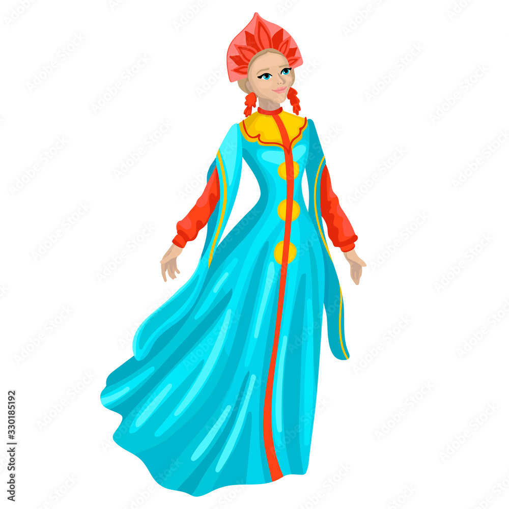 Russian girl in traditional folk dress. Vector illustration