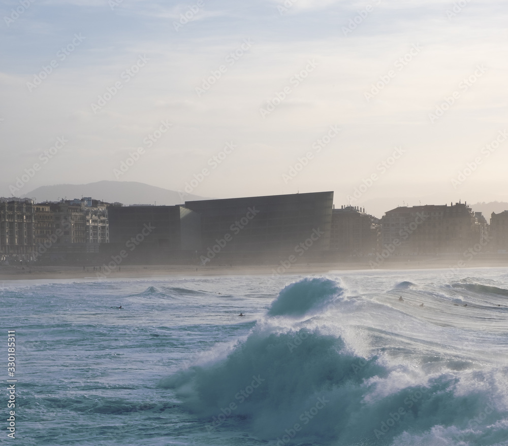 Waves in front of Zurriola beach, Donostia City, Euskadi