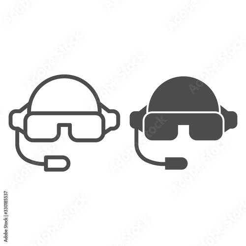 Pilot helmet line and solid icon. Aviator jet mask with glasses and microphone symbol, outline style pictogram on white background. Warfare sign for mobile concept and web design. Vector graphics.