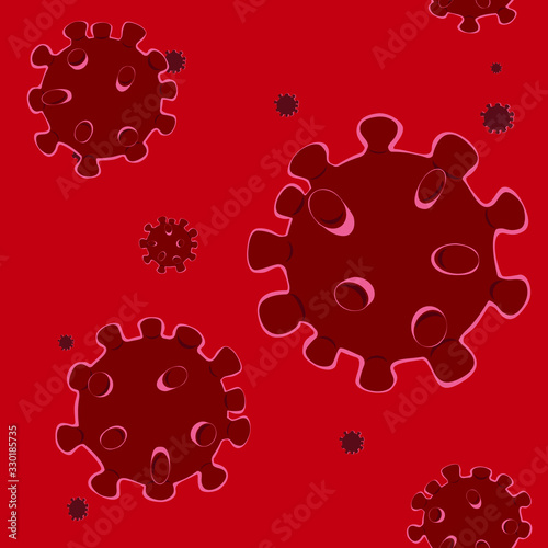 Coronavirus pattern on red background. Medecine, virus, ilnes, laboratory.  Vector illustration.