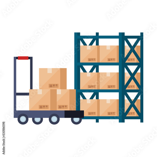 warehouse metal shelving with boxes and wheelbarrow vector illustration design
