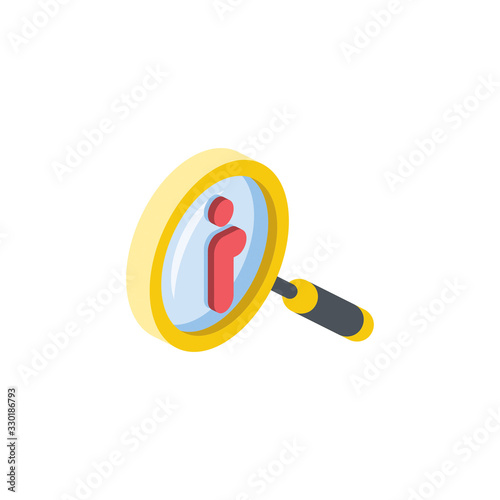 Magnifier search information mark. Vector 3d isometric, color web icon, new flat style. Creative illustration design, idea for infographics.