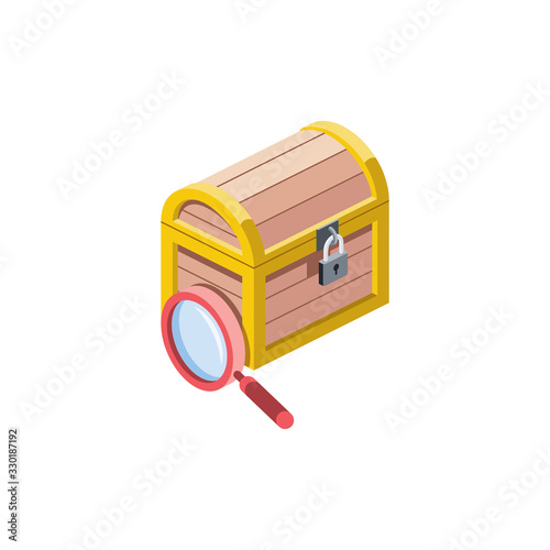 Treasure Chest Magnifier search. Vector 3d isometric, color web icon, new flat style. Creative illustration design, graphic idea for infographics.