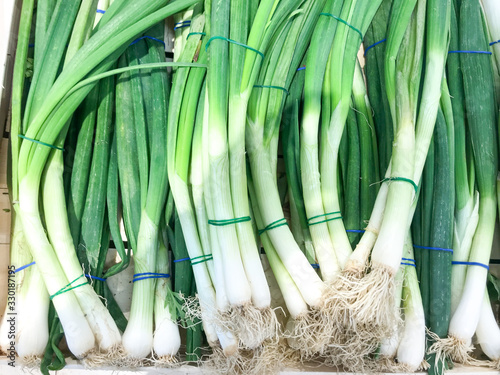 Photo of green onion background. Healthy fresh food background. photo