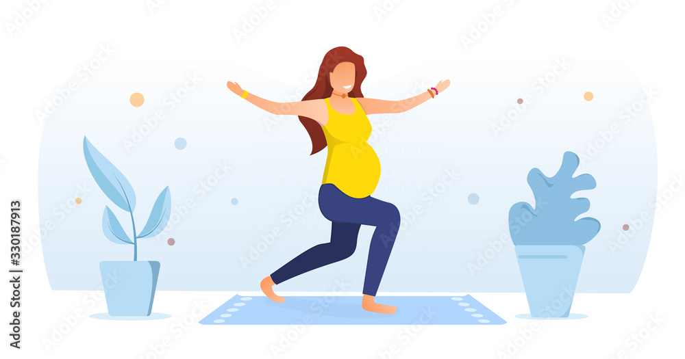 Workout for pregnant concept. Simple image of a pregnant woman in yellow and blue clothing doing easy exercises at home on the mat