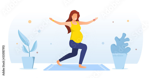 Workout for pregnant concept. Simple image of a pregnant woman in yellow and blue clothing doing easy exercises at home on the mat