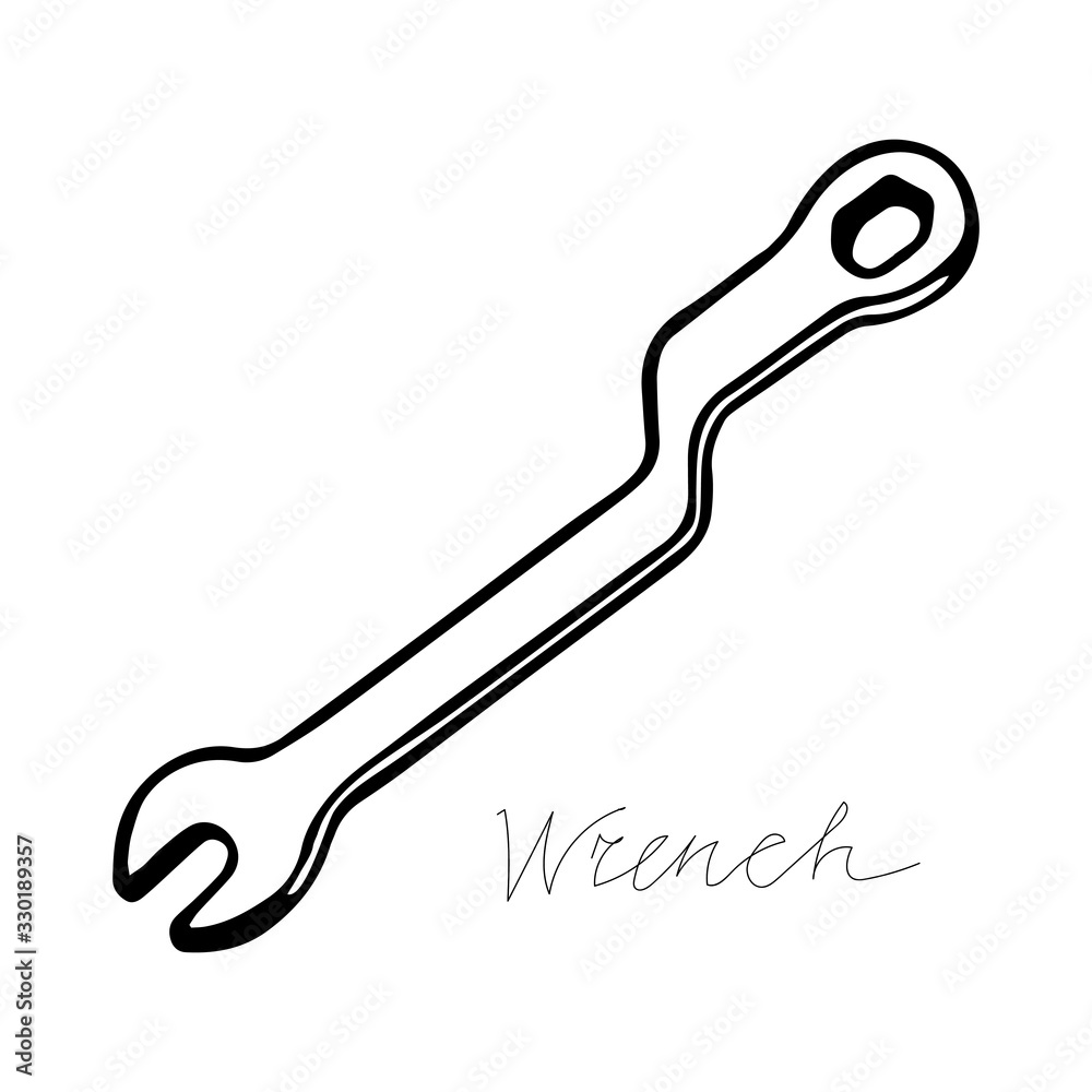 Hand-draw black vector illustration of metallic locksmith tool isolated on a white background with lettering wrench Hand-draw black vector illustration of metallic locksmith tool isolated on a white background with lettering wrench