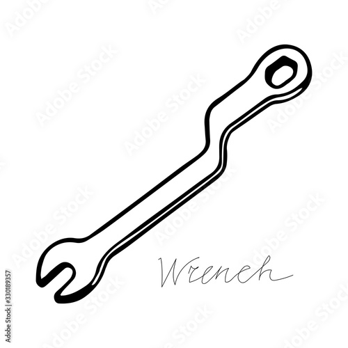 Hand-draw black vector illustration of metallic locksmith tool isolated on a white background with lettering wrench