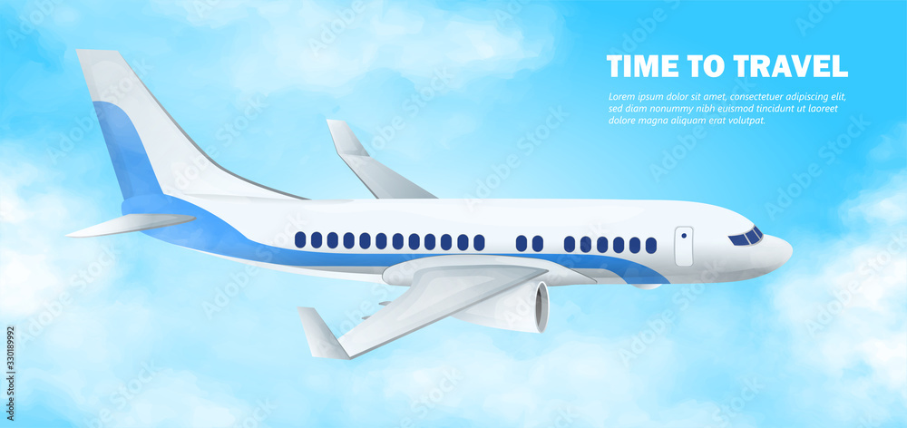 Time to travel image with the airplane during the flight in the sky among clouds, viewed from the side