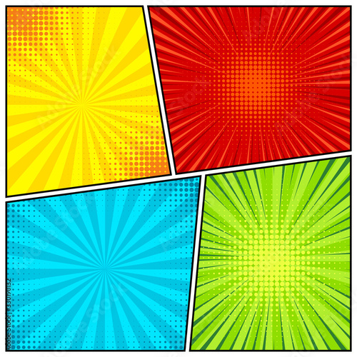 Cartoon comic backgrounds set. Comics book colorful poster with halftone elements. Retro Pop Art style. Vector illustration.