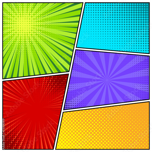 Cartoon comic backgrounds set. Comics book colorful poster with halftone elements. Retro Pop Art style. Vector illustration.