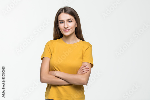 Young casual woman style isolated over white background.