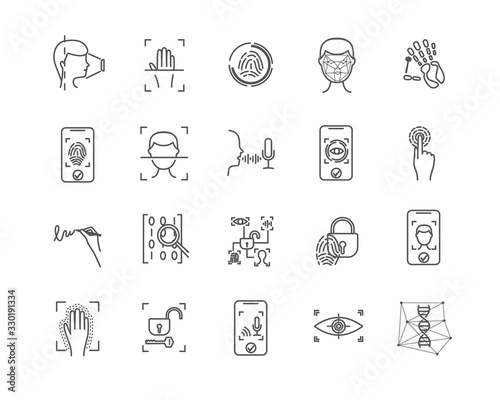 Set of simple vector black line icons of modern biometrics theme. Fingerprints, face recognition technologies, DNA testing and personal data encryption concept on white background