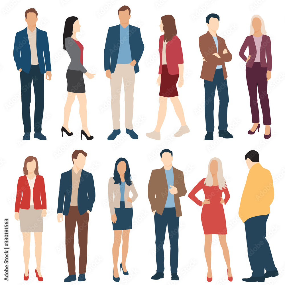 Obraz premium Set of men and women, different colors, cartoon character, group of silhouettes standing business people, flat icon design concept isolated on white background