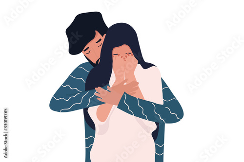 Young man calms his crying girlfriend, embracing her from her back. Helping her to cope with her sadness and depression. Simple flat image isolated on white background