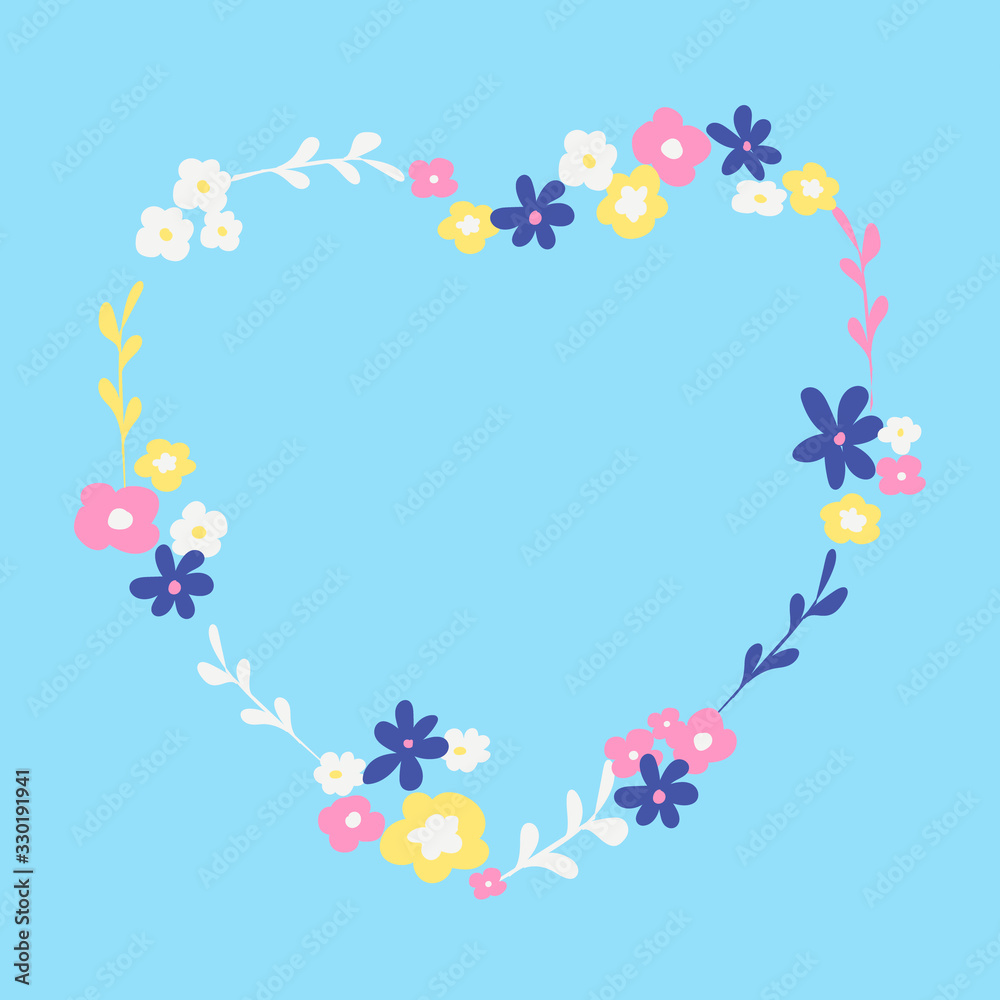 Simple bright cool flower wreath in heart shape. Vector isolated. Good for cards, posters, invitation. Cute design