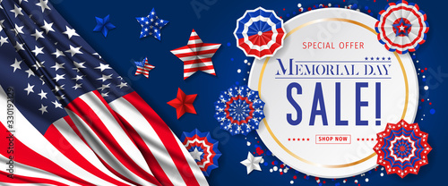 Banner for Memorial day sale design. Memorial day sign on a dark blue background with 3d percent symbol. Vector illustration for business promotion.