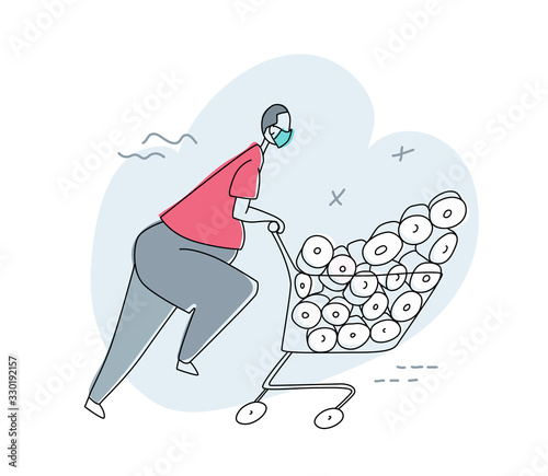 A man in panic buying all the toilet paper rolls, running with a cart in a supermarket. A person hoarding, shopping. Sold out of supplies.