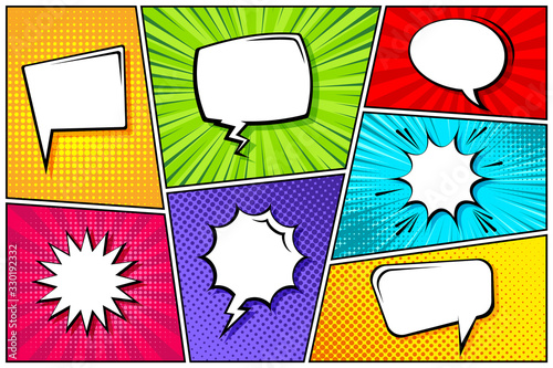 Cartoon comic backgrounds set. Speech bubble. Comics book colorful poster with halftone elements. Retro Pop Art style. Vector illustration.
