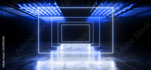 Neon Laser Sci Fi Futuristic Cyber Lights Blue Rectangle Pantone Modern Tunnel Corridor Underground Warehouse Garage Concrete Grunge Reflective Alien 3D Rendering