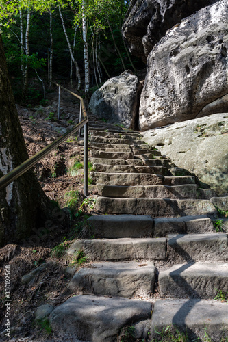 Stone steps in the woods up to the mountain Lilienstein in Saxon Switzerland