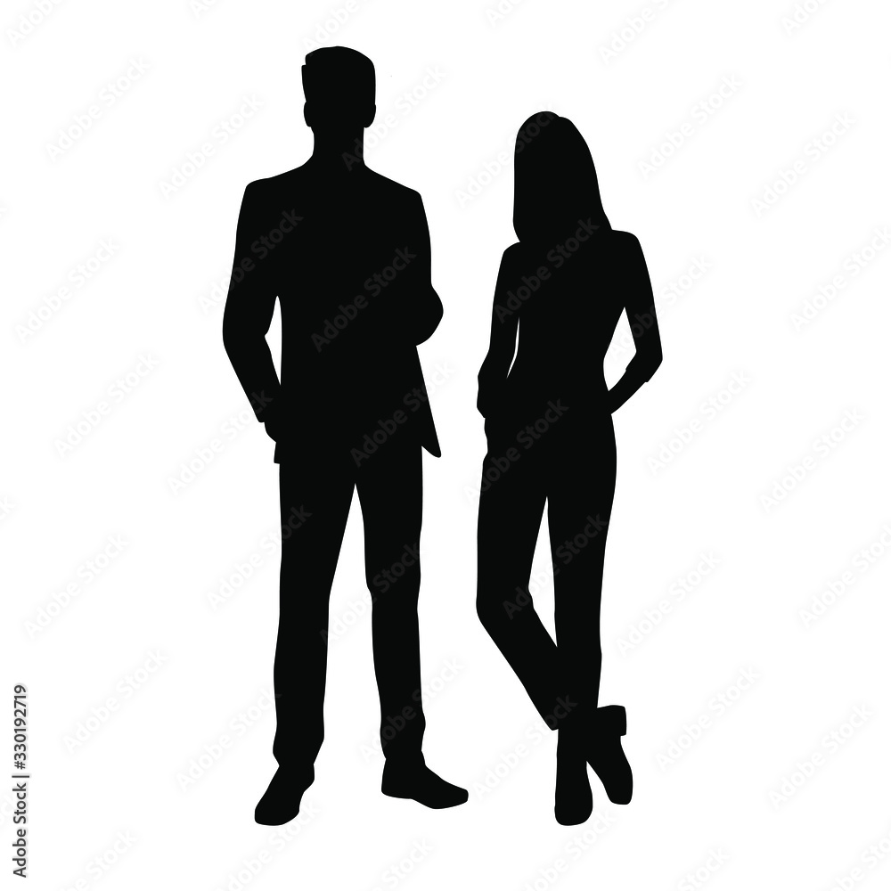 Vector silhouettes of man and a woman, a couple of standing business people, black color isolated on white background Vector silhouettes of man and a woman, a couple of standing business people, black color isolated on white background