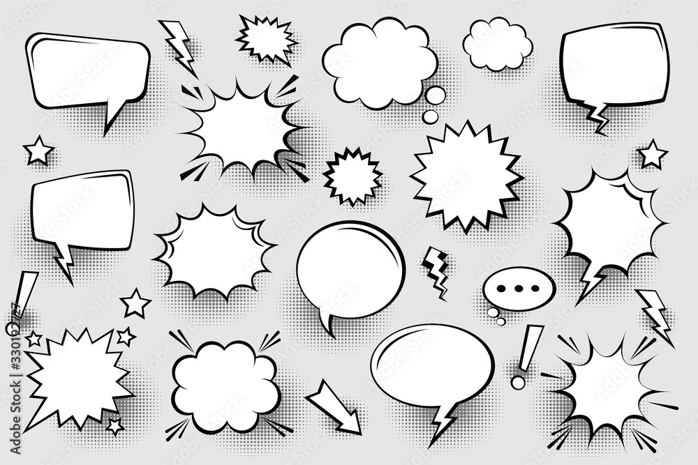 Naklejka premium Collection of empty comic speech bubbles with halftone shadows. Hand drawn retro cartoon stickers. Pop art style. Vector illustration.