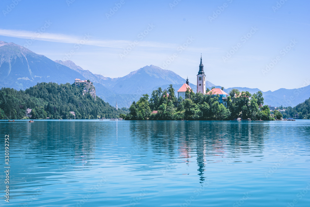 Beautiful view over Bled lake and church in Slovenia