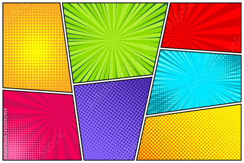Cartoon comic backgrounds set. Comics book colorful poster with halftone elements. Retro Pop Art style. Vector illustration.