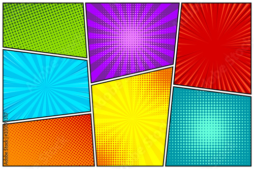 Cartoon comic backgrounds set. Comics book colorful poster with halftone elements. Retro Pop Art style. Vector illustration. photo
