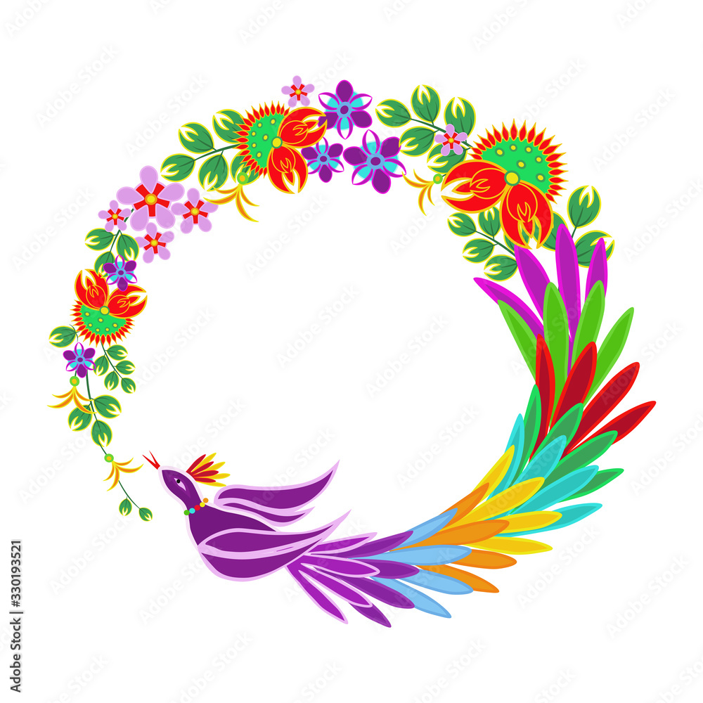 Obraz Vector floral wreath. Traditional Mexican style ornament with bright colorful flowers, leaves and bird of paradise. Circle border. Design for prints, holiday decoration, invitation, card, carnival