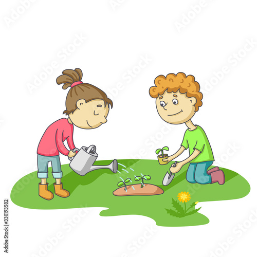 Children plant seedlings of flowers. Girl with a watering can and a boy with a scoop. Cartoon illustration isolated on a white background.