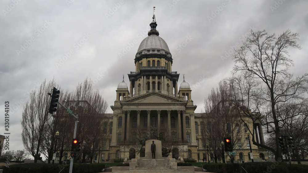 Illinois state capitol building facade day view in Springfield
