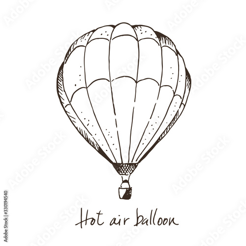 Hot air ballon hand drawn vector illustration, isolated on white background with text