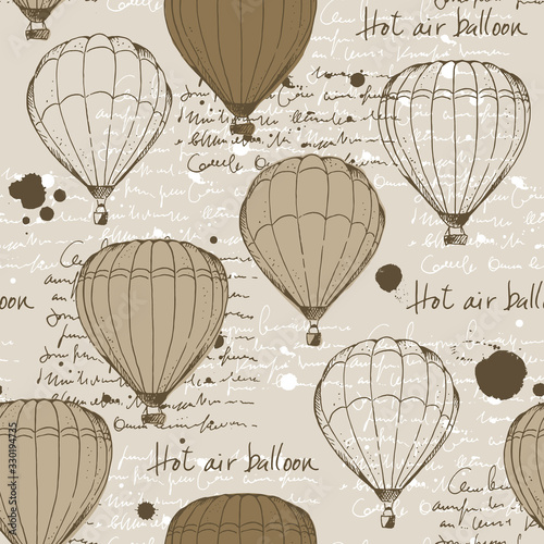 Hot air balloons retro pattern, vintage vector background, hand drawn aerostat with text and blots on beige background
