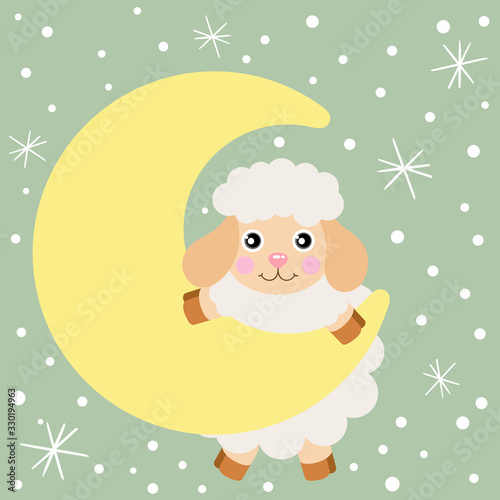 Greeting card of cute lamb hanging on moon in sky