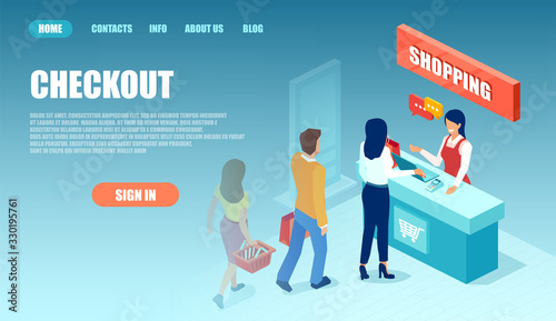Vector of people staying in a supermarket line waiting at checkout