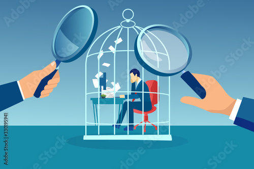 Fotografie, Obraz Vector of a businessman working at desk trapped inside birdcage being observed b