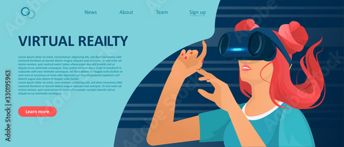 Landing page vector of a woman touching air during VR experience