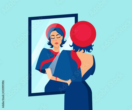 Vector of a beautiful woman admiring herself in a mirror.