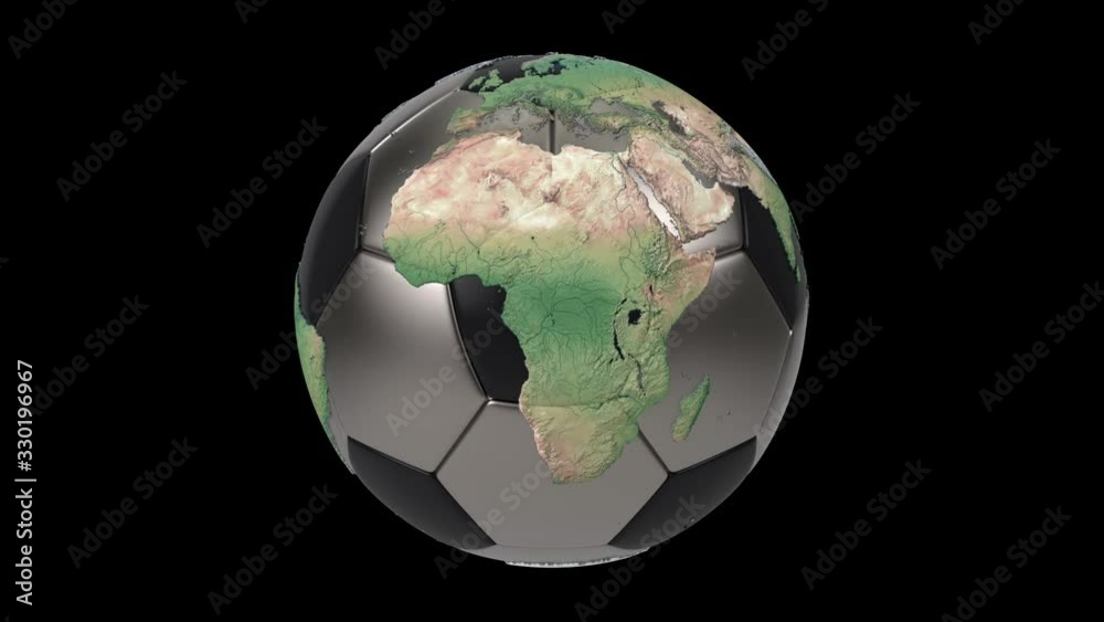 Realistic soccer ball isolated on black screen. 3d seamless looping animation. Detailed world map on black and iron soccer ball. Realistic soccer ball isolated on black screen. 3d seamless looping animation. Detailed world map on black and iron soccer ball.