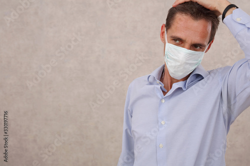 Businessman wearing hygienic medical mask. New habits, Coronavirus Protection routine, Prevention